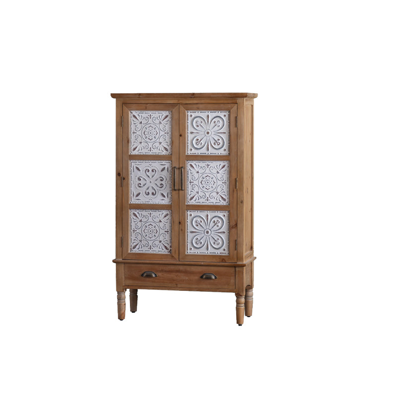 Armoire à accent industriel en nature naturelle avec une porte et des tiroirs en bois massif