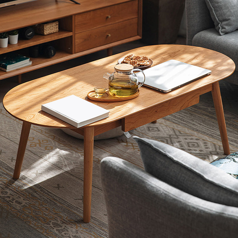 Nordic Solid Wood Cocktail Table with 1 Drawer Oval Coffee Table Cherry Wood Clearhalo 'Coffee & Accent Tables' 'Coffee Tables' 'coffee_tables' 'furn' 'furn_coffee_tables' 'Furniture' 'Living Room Furniture' 6202788