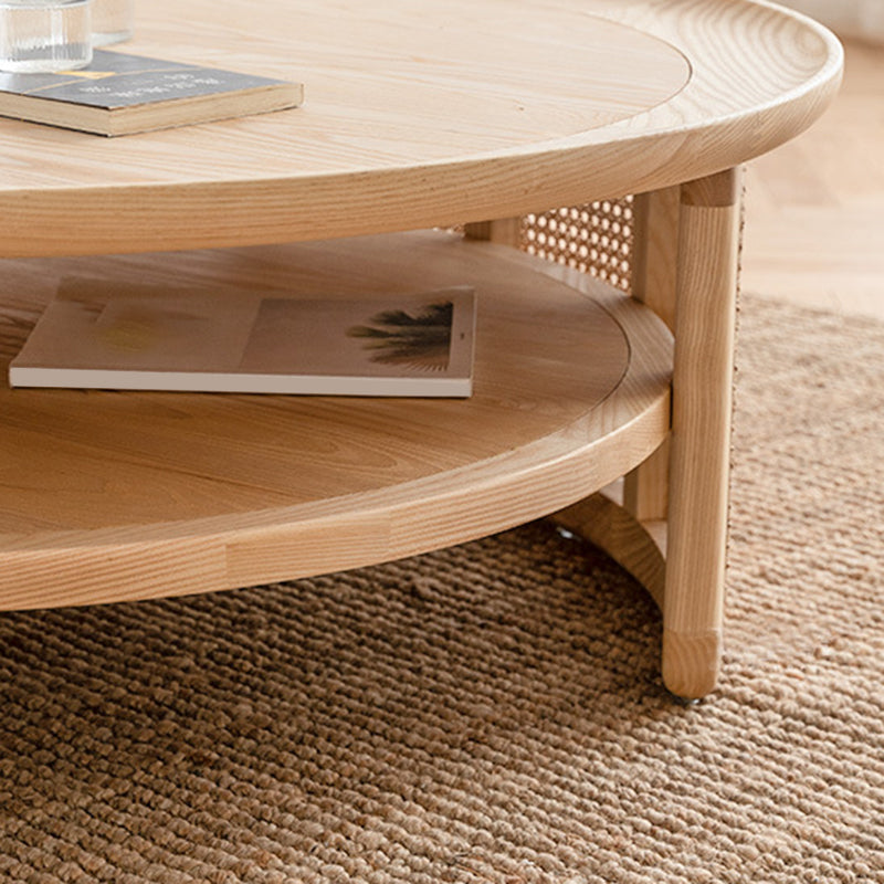 Wooden 1 Single Cocktail Table with Shelf Round Coffee Table