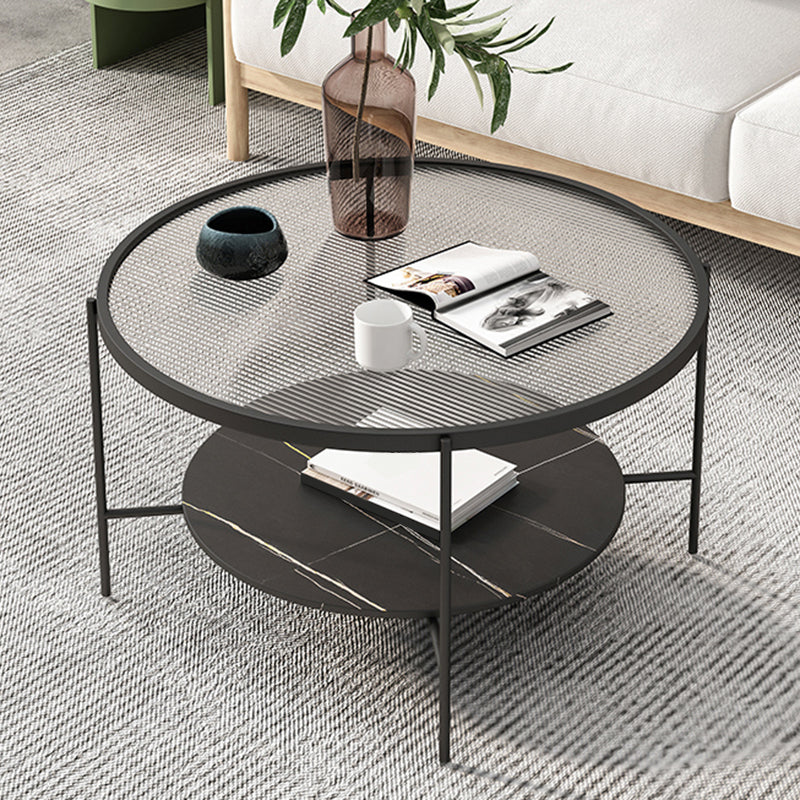 Modern Round Glass & Slate Coffee Cocktail Table with Storage Shelf