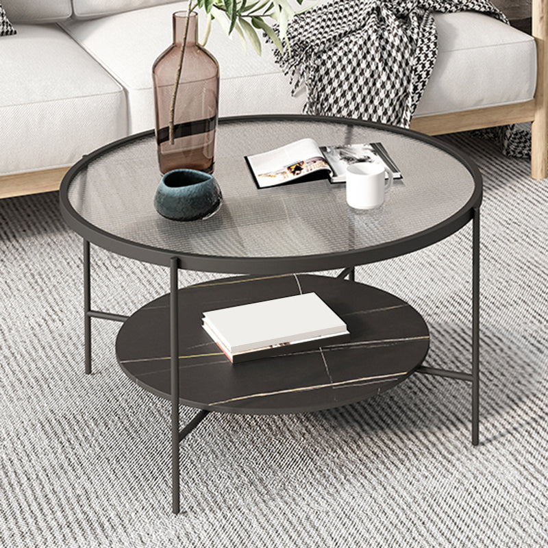 Modern Round Glass & Slate Coffee Cocktail Table with Storage Shelf
