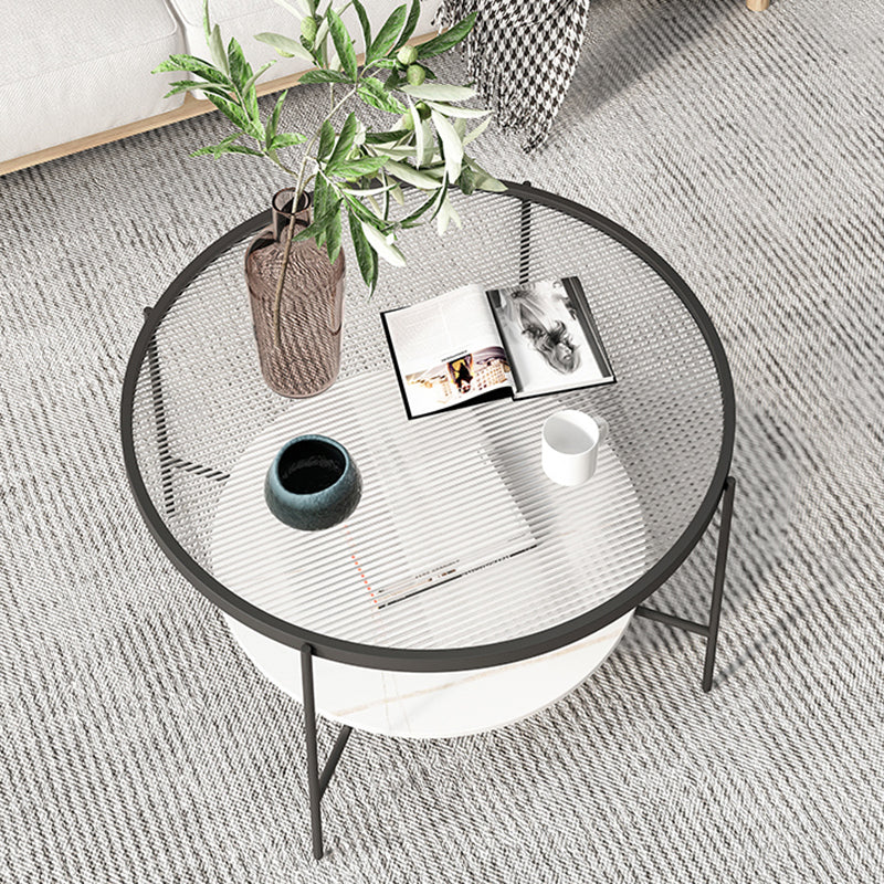 Modern Round Glass & Slate Coffee Cocktail Table with Storage Shelf
