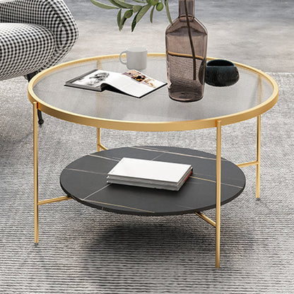 Modern Round Glass & Slate Coffee Cocktail Table with Storage Shelf