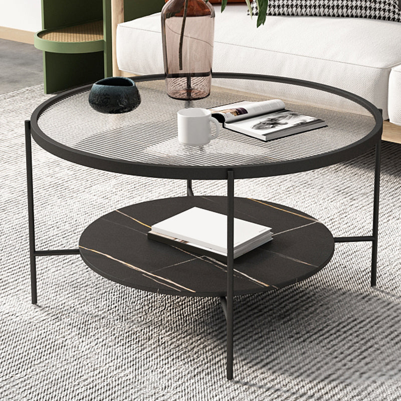 Modern Round Glass & Slate Coffee Cocktail Table with Storage Shelf