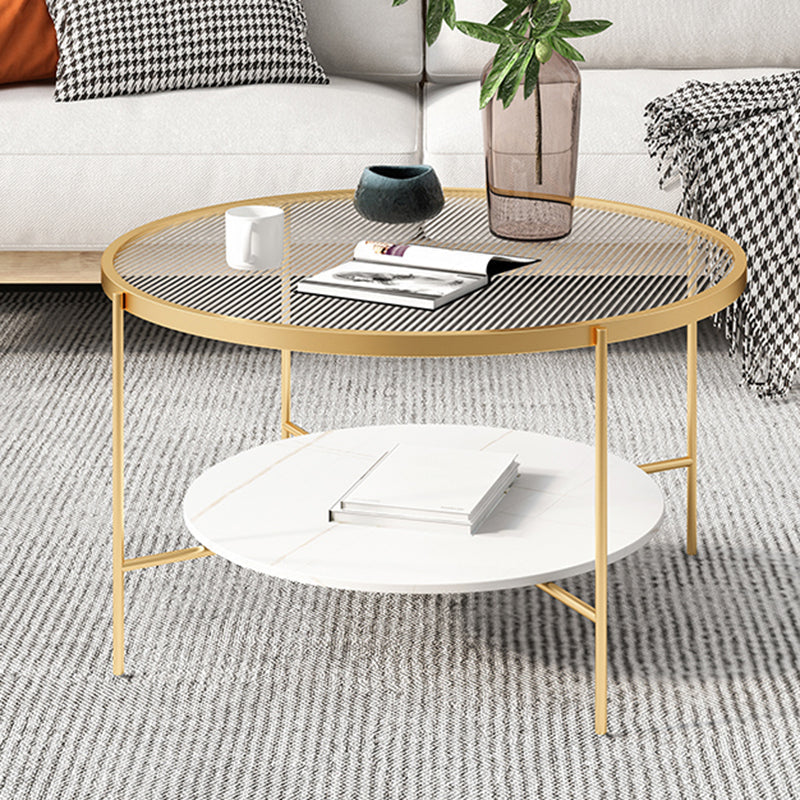 Modern Round Glass & Slate Coffee Cocktail Table with Storage Shelf