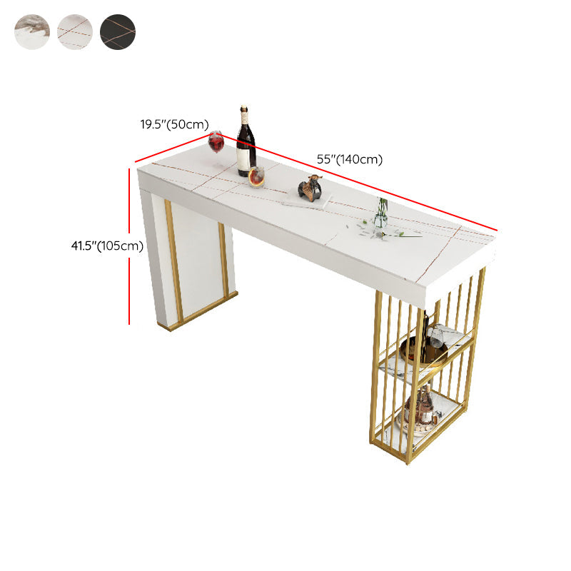 Rectangle Gold Marble and Wood Bar Living Room Pub Table with Double Pedestal
