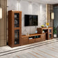 Soporte de madera moderno para TV, consola de almacenamiento abierto, soporte multimedia para TV con puertas para sala de estar