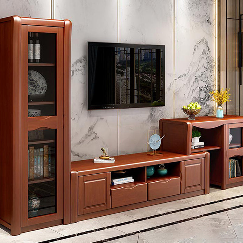 Soporte de madera moderno para TV, consola de almacenamiento abierto, soporte multimedia para TV con puertas para sala de estar