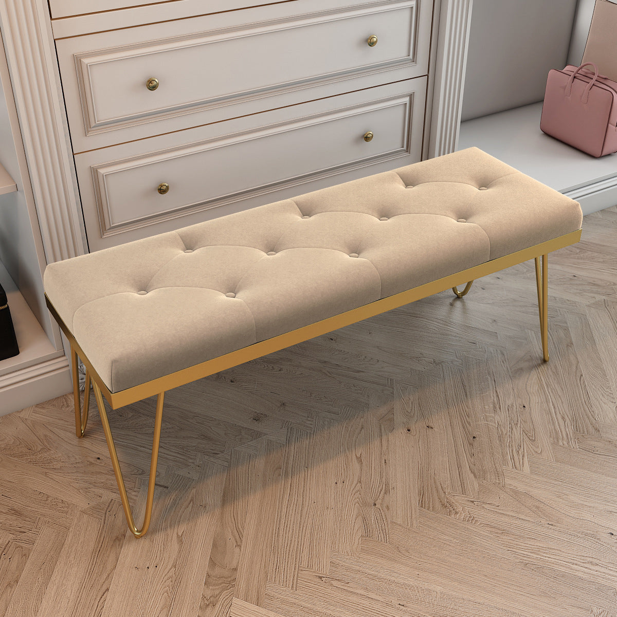 13.65-inch Width Entryway Bench Cushioned Metal Modern Seating Bench Beige Clearhalo 'Benches' 'Chairs & Seating' 'furn' 'furn_benches' 'Furniture' 'Living Room Furniture' 6212293