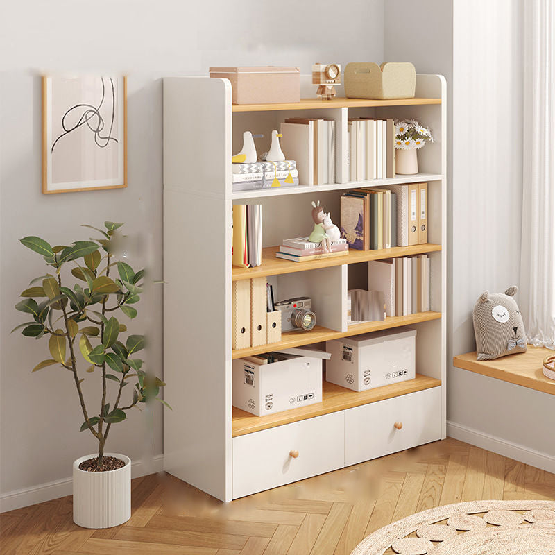 Engineered Wood Floor Bookcase Modern Vertical Closed Back Book Shelf with Drawers