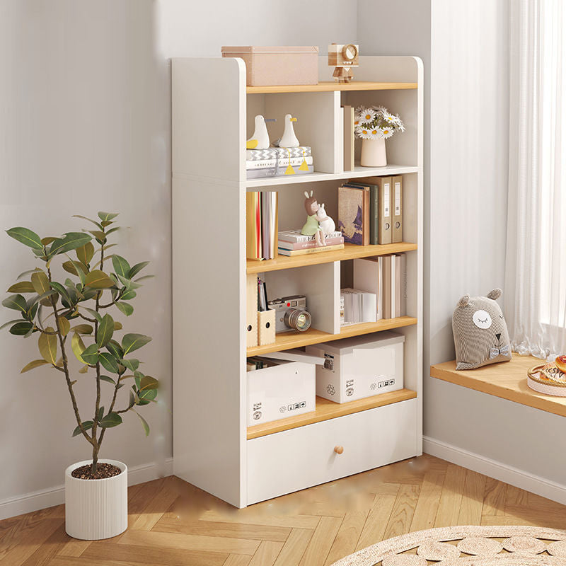 Engineered Wood Floor Bookcase Modern Vertical Closed Back Book Shelf with Drawers