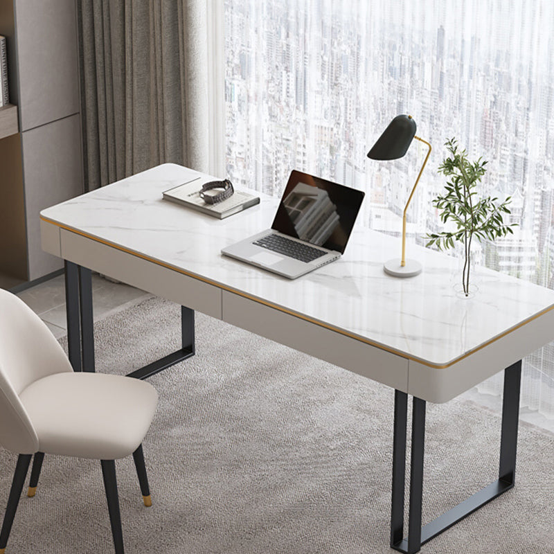 Bureau de traîneau moderne en pierre et bureau d'écriture en métal avec 2 tiroirs de rangement