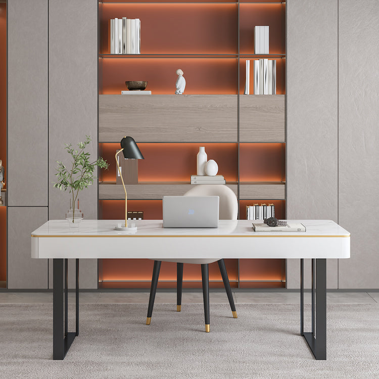 Bureau de traîneau moderne en pierre et bureau d'écriture en métal avec 2 tiroirs de rangement