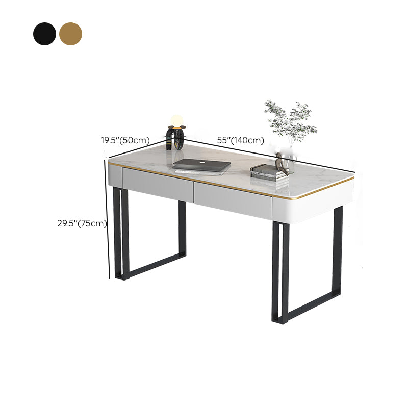 Bureau de traîneau moderne en pierre et bureau d'écriture en métal avec 2 tiroirs de rangement