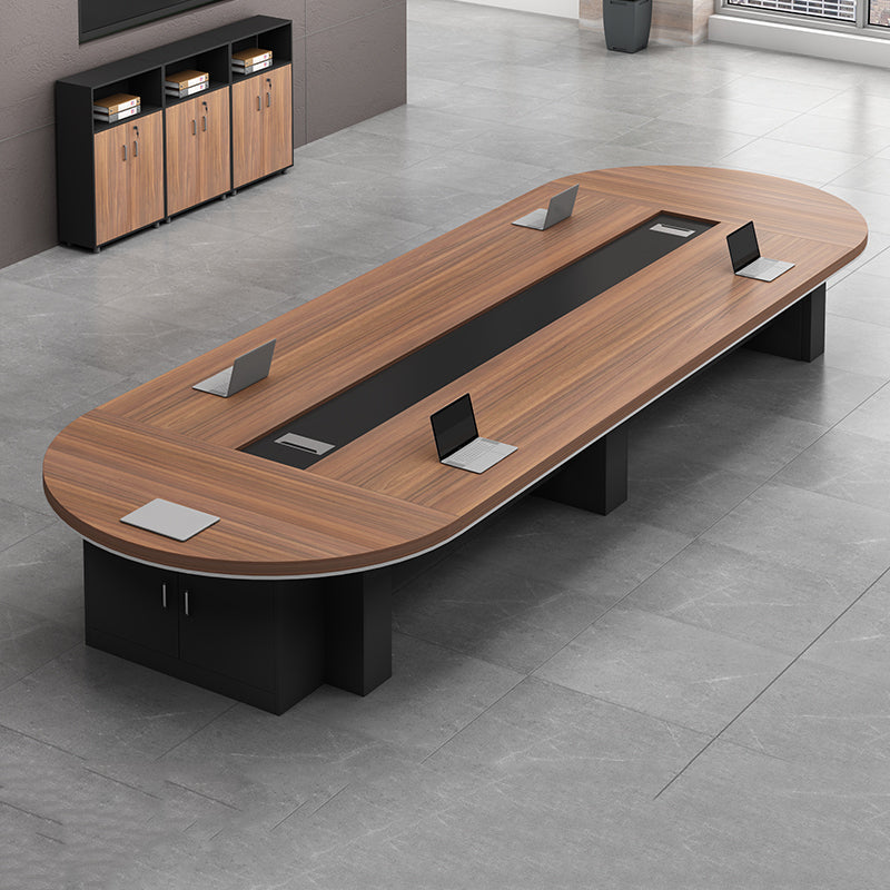 Modern Wood Computer Desk Brown Writing Desk with Hutch for Office 137.8"L x 59.1"W x 29.5"H Clearhalo 'furn' 'furn_office_desk' 'Furniture' 'Office Desks' 'Office Furniture' 'office_desk' 6214291