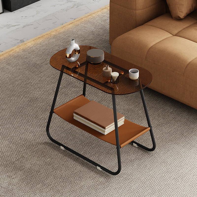 End Table Glass Sled with Storage Oval Contemporary Double Tier Side Table Tan 1 Clearhalo 'Coffee & Accent Tables' 'End & Side Tables' 'end_side_tables' 'furn' 'furn_end_side_tables' 'Furniture' 'Living Room Furniture' 6215641