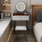 Contemporary 2-Drawer Vanity Makeup Table Set Glass Top Dressing Table Stool Set Clearhalo 'Bedroom Furniture' 'furn' 'furn_makeup_vanities' 'Furniture' 'Makeup Vanities' 'makeup_vanities' 6215761