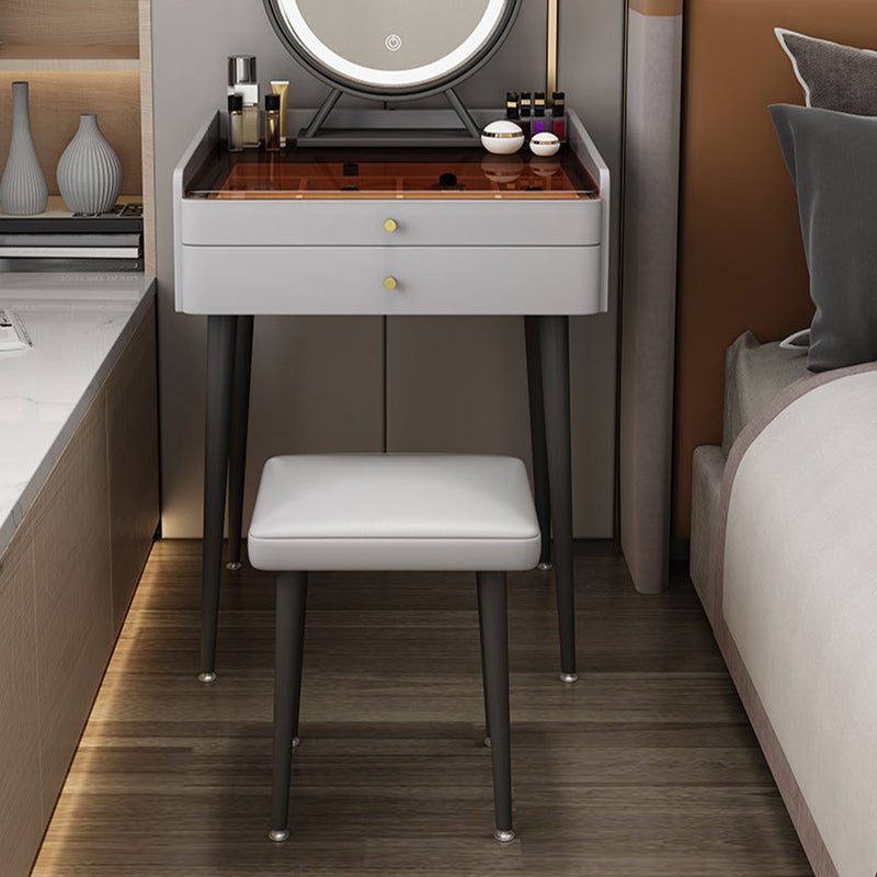 Contemporary 2-Drawer Vanity Makeup Table Set Glass Top Dressing Table Stool Set Clearhalo 'Bedroom Furniture' 'furn' 'furn_makeup_vanities' 'Furniture' 'Makeup Vanities' 'makeup_vanities' 6215764