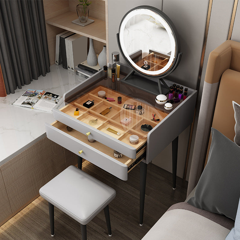 Contemporary 2-Drawer Vanity Makeup Table Set Glass Top Dressing Table Stool Set Clearhalo 'Bedroom Furniture' 'furn' 'furn_makeup_vanities' 'Furniture' 'Makeup Vanities' 'makeup_vanities' 6215766