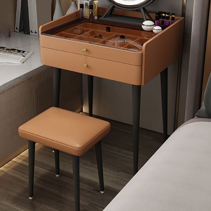 Contemporary 2-Drawer Vanity Makeup Table Set Glass Top Dressing Table Stool Set Makeup Vanity & Stools Orange Clearhalo 'Bedroom Furniture' 'furn' 'furn_makeup_vanities' 'Furniture' 'Makeup Vanities' 'makeup_vanities' 6215767