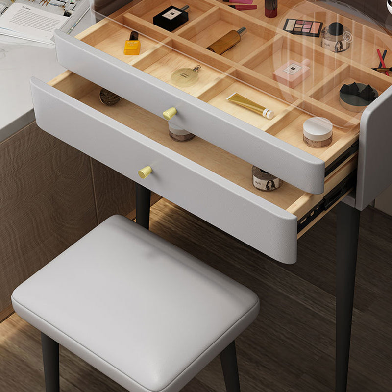 Contemporary 2-Drawer Vanity Makeup Table Set Glass Top Dressing Table Stool Set Clearhalo 'Bedroom Furniture' 'furn' 'furn_makeup_vanities' 'Furniture' 'Makeup Vanities' 'makeup_vanities' 6215770