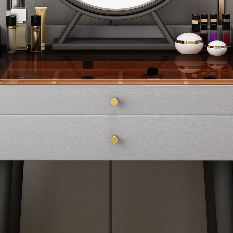 Contemporary 2-Drawer Vanity Makeup Table Set Glass Top Dressing Table Stool Set Clearhalo 'Bedroom Furniture' 'furn' 'furn_makeup_vanities' 'Furniture' 'Makeup Vanities' 'makeup_vanities' 6215772