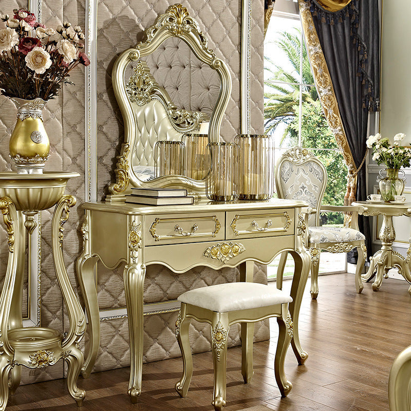 Victorian 2-Drawer Dressing Table Stool Set Solid Wood Vanity Desk Makeup Vanity & Mirror & Stools Champagne Clearhalo 'Bedroom Furniture' 'furn' 'furn_makeup_vanities' 'Furniture' 'Makeup Vanities' 'makeup_vanities' 6215789