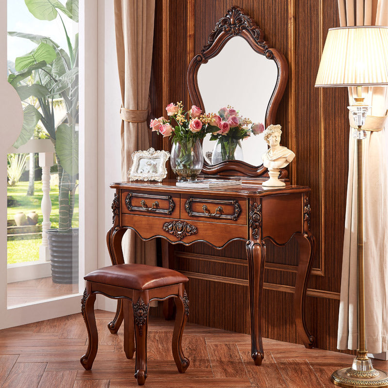 Victorian 2-Drawer Dressing Table Stool Set Solid Wood Vanity Desk Makeup Vanity & Mirror & Stools Brown Clearhalo 'Bedroom Furniture' 'furn' 'furn_makeup_vanities' 'Furniture' 'Makeup Vanities' 'makeup_vanities' 6215791