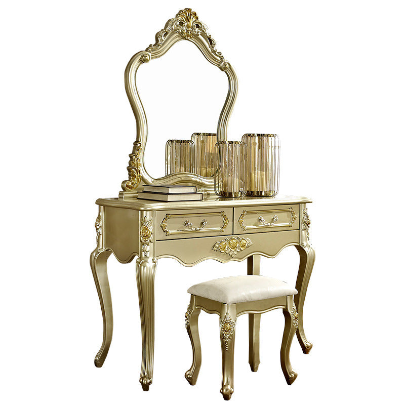 Victorian 2-Drawer Dressing Table Stool Set Solid Wood Vanity Desk Clearhalo 'Bedroom Furniture' 'furn' 'furn_makeup_vanities' 'Furniture' 'Makeup Vanities' 'makeup_vanities' 6215792