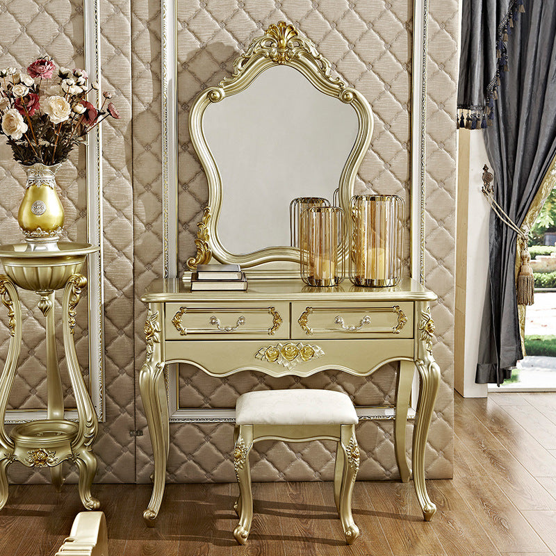 Victorian 2-Drawer Dressing Table Stool Set Solid Wood Vanity Desk Clearhalo 'Bedroom Furniture' 'furn' 'furn_makeup_vanities' 'Furniture' 'Makeup Vanities' 'makeup_vanities' 6215796