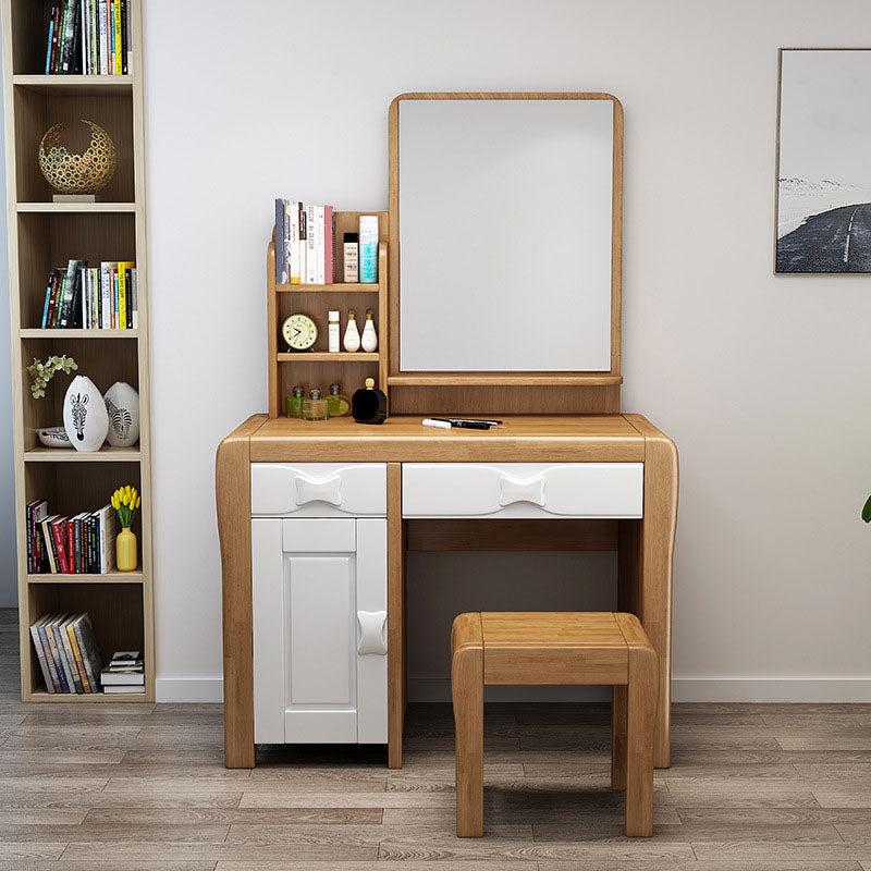 Make-up Vanity Standing Solid Wood Double Drawers Mirror Traditional Bedroom Makeup Vanity & Stools Natural Wood White Clearhalo 'Bedroom Furniture' 'furn' 'furn_makeup_vanities' 'Furniture' 'Makeup Vanities' 'makeup_vanities' 6215904