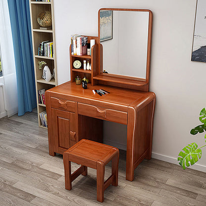 Make-up Vanity Standing Solid Wood Double Drawers Mirror Traditional Bedroom Makeup Vanity & Stools Medium Wood Clearhalo 'Bedroom Furniture' 'furn' 'furn_makeup_vanities' 'Furniture' 'Makeup Vanities' 'makeup_vanities' 6215912