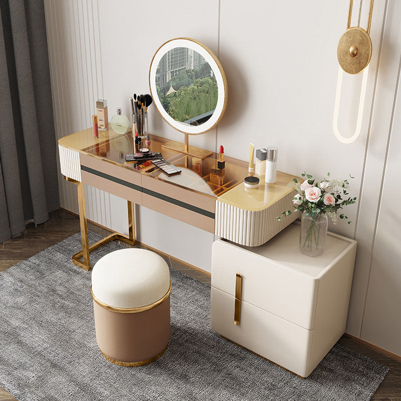Glam Wood Makeup Vanity Desk Glass Top 4 Drawer Dressing Table Clearhalo 'Bedroom Furniture' 'furn' 'furn_makeup_vanities' 'Furniture' 'Makeup Vanities' 'makeup_vanities' 6215923