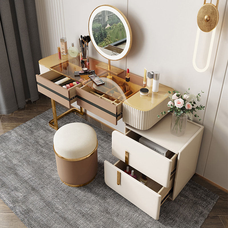 Glam Wood Makeup Vanity Desk Glass Top 4 Drawer Dressing Table Clearhalo 'Bedroom Furniture' 'furn' 'furn_makeup_vanities' 'Furniture' 'Makeup Vanities' 'makeup_vanities' 6215925