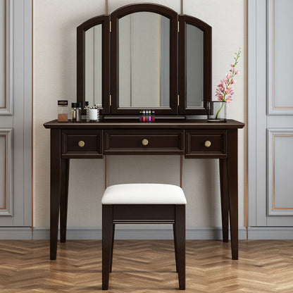 Traditional Solid Wood Vanity Makeup Table Set 3-Drawer Dressing Table Makeup Vanity & Mirror & Stools Grey Clearhalo 'Bedroom Furniture' 'furn' 'furn_makeup_vanities' 'Furniture' 'Makeup Vanities' 'makeup_vanities' 6215980