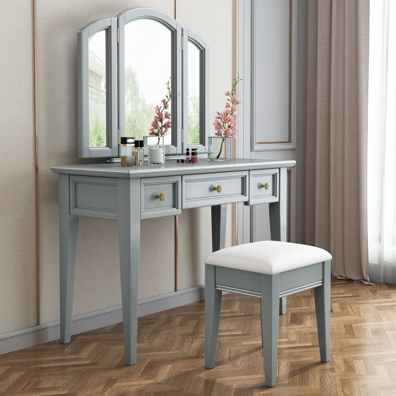 Traditional Solid Wood Vanity Makeup Table Set 3-Drawer Dressing Table Makeup Vanity & Mirror & Stools White Clearhalo 'Bedroom Furniture' 'furn' 'furn_makeup_vanities' 'Furniture' 'Makeup Vanities' 'makeup_vanities' 6215981