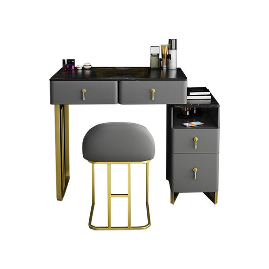 Tavolo da vanità glam con 4 cassetti e base dorata e top in pietra