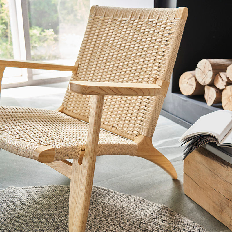 Woven Back Chair Square Arms Solid Wood Arm Chair for Living Room