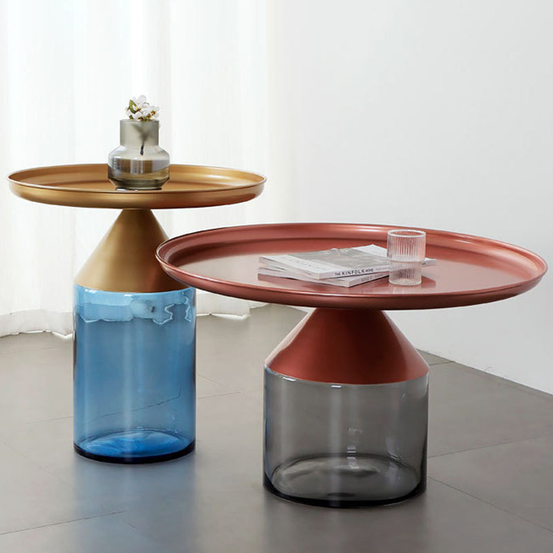 Mesa de centro con tapa de bandeja de metal Mesa de cóctel con pedestal de vidrio Mid-Century