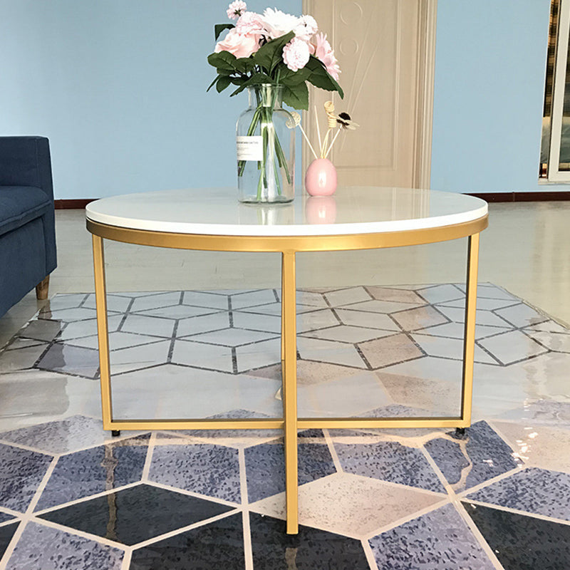 Modern Round Slate Coffee Table Cross Legs Cocktail Table in Gold 28"L x 28"W x 18"H Clearhalo 'Coffee & Accent Tables' 'Coffee Tables' 'coffee_tables' 'furn' 'furn_coffee_tables' 'Furniture' 'Living Room Furniture' 6217713