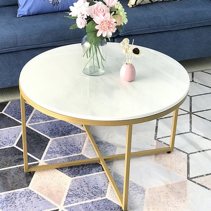 Modern Round Slate Coffee Table Cross Legs Cocktail Table in Gold 24"L x 24"W x 18"H Clearhalo 'Coffee & Accent Tables' 'Coffee Tables' 'coffee_tables' 'furn' 'furn_coffee_tables' 'Furniture' 'Living Room Furniture' 6217714