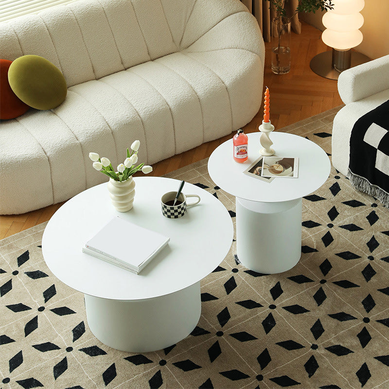 Round Iron Coffee Table Mid-Century Pedestal 2 Pieces Cocktail Table Set 31"L x 31"W x 17"H + 22"L x 22"W x 20"H White Clearhalo 'Coffee & Accent Tables' 'Coffee Tables' 'coffee_tables' 'furn' 'furn_coffee_tables' 'Furniture' 'Living Room Furniture' 6217743