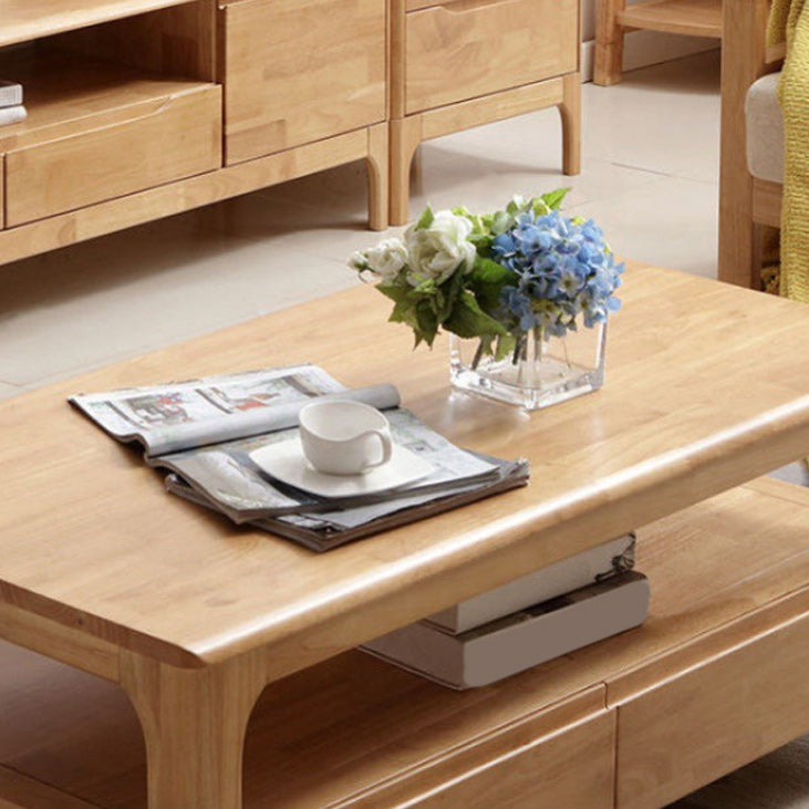 Nordic Solid Wood Coffee Table 4-Drawer 1-Shelf Cocktail Table