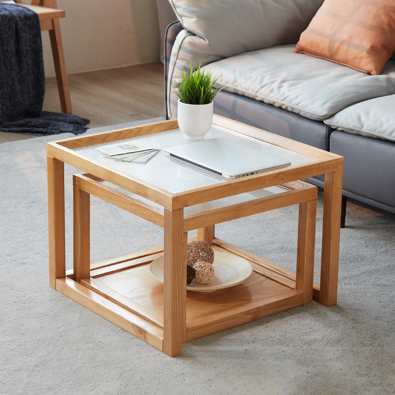 Tavolino da caffè moderno con piano in vetro Tavolo da cocktail quadrato in legno naturale