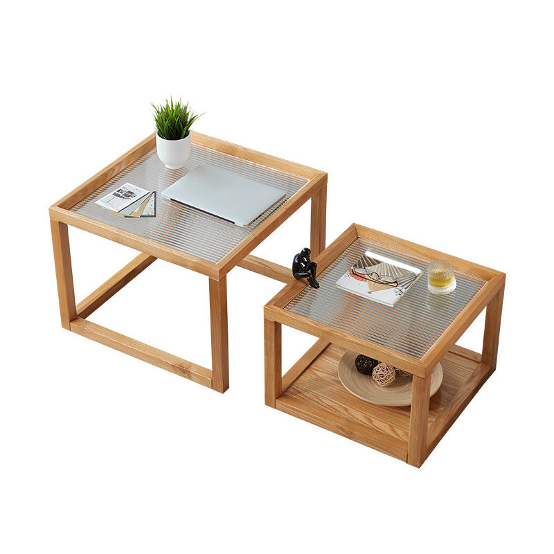 Tavolino da caffè moderno con piano in vetro Tavolo da cocktail quadrato in legno naturale