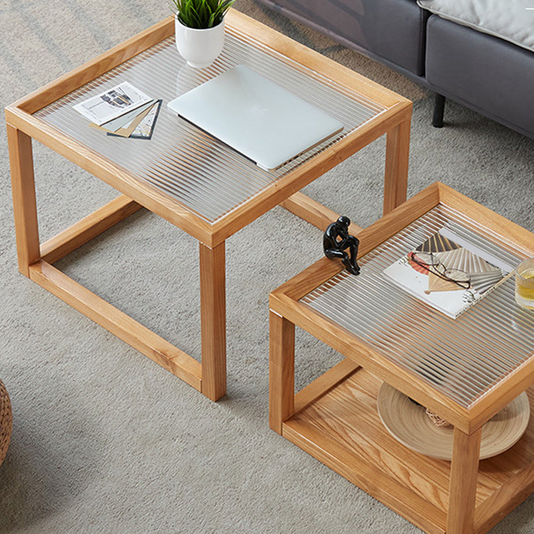 Tavolino da caffè moderno con piano in vetro Tavolo da cocktail quadrato in legno naturale