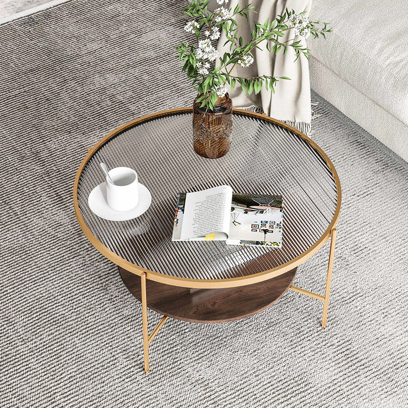 Glass Top 4 Legs Coffee Table Modern Round Cocktail Table in Black/Gold 24"L x 24"W x 18"H Gold Walnut Clearhalo 'Coffee & Accent Tables' 'Coffee Tables' 'coffee_tables' 'furn' 'furn_coffee_tables' 'Furniture' 'Living Room Furniture' 6218075