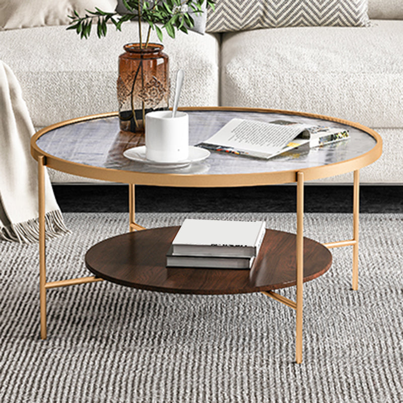Glass Top 4 Legs Coffee Table Modern Round Cocktail Table in Black/Gold 28"L x 28"W x 18"H Gold Walnut Clearhalo 'Coffee & Accent Tables' 'Coffee Tables' 'coffee_tables' 'furn' 'furn_coffee_tables' 'Furniture' 'Living Room Furniture' 6218086