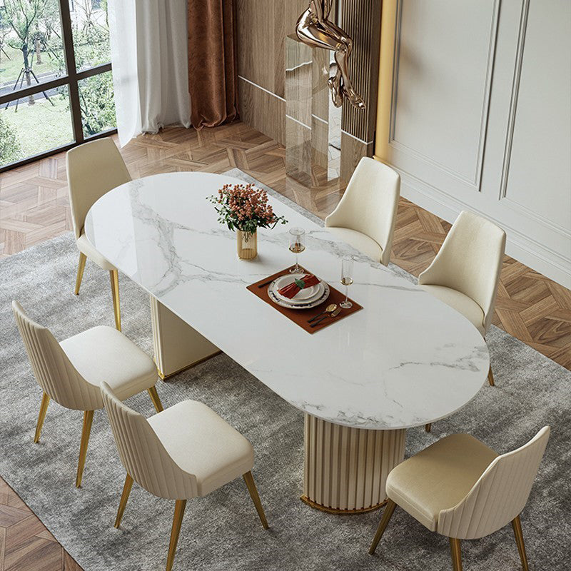 Double Pedestal Dining Room Desk Luxury Oval Sintered Stone Home Fixed Table