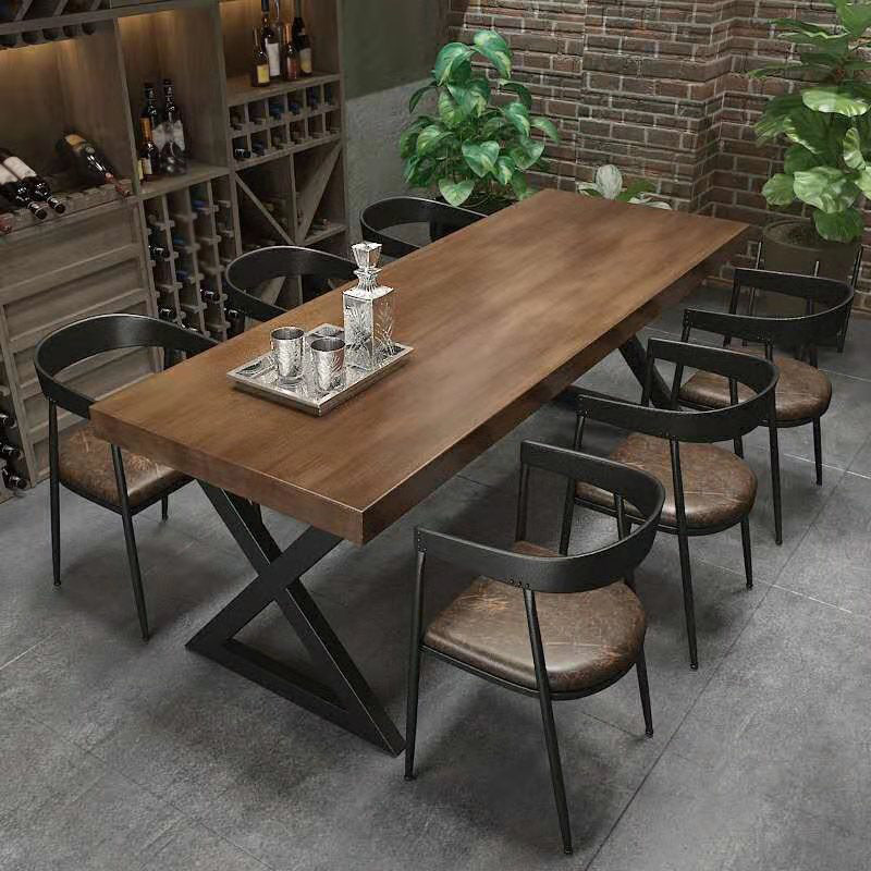 Mesa de comedor rectangular con escritorio de cocina industrial de madera maciza con pedestal doble